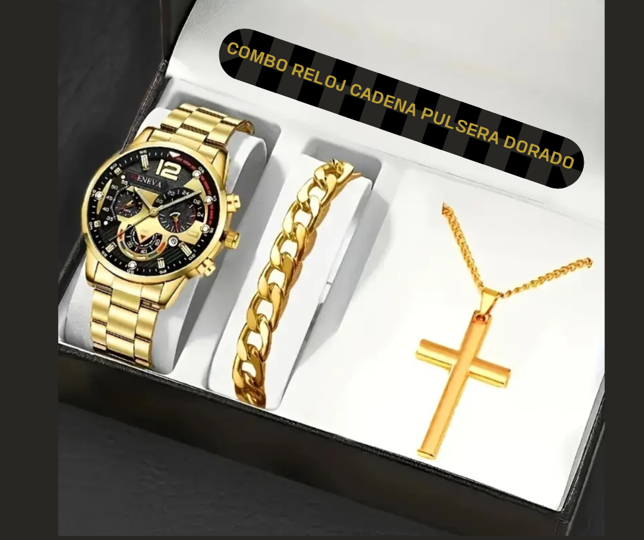 Combo Reloj + cadena + pulsera dorado